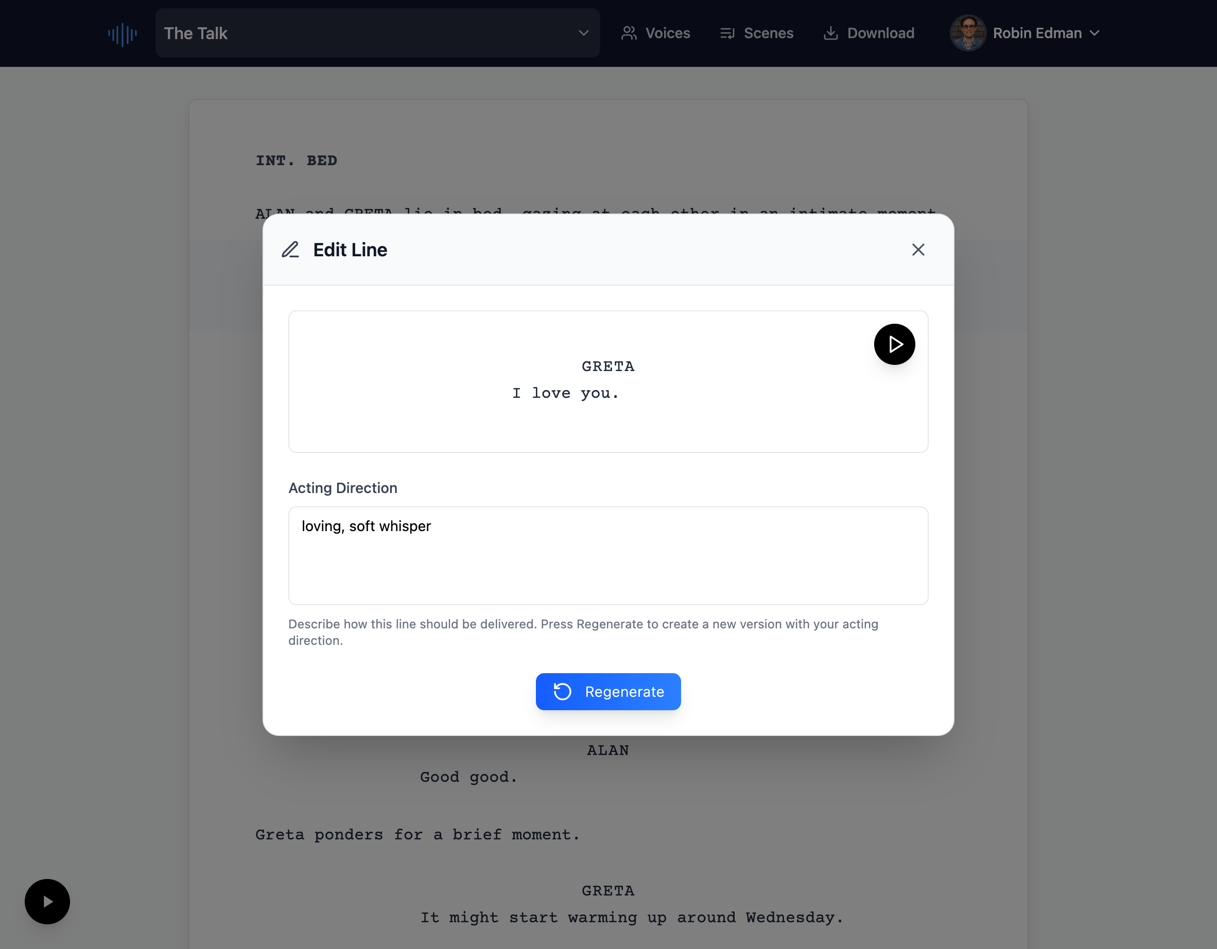 Acting directions interface for adding performance notes