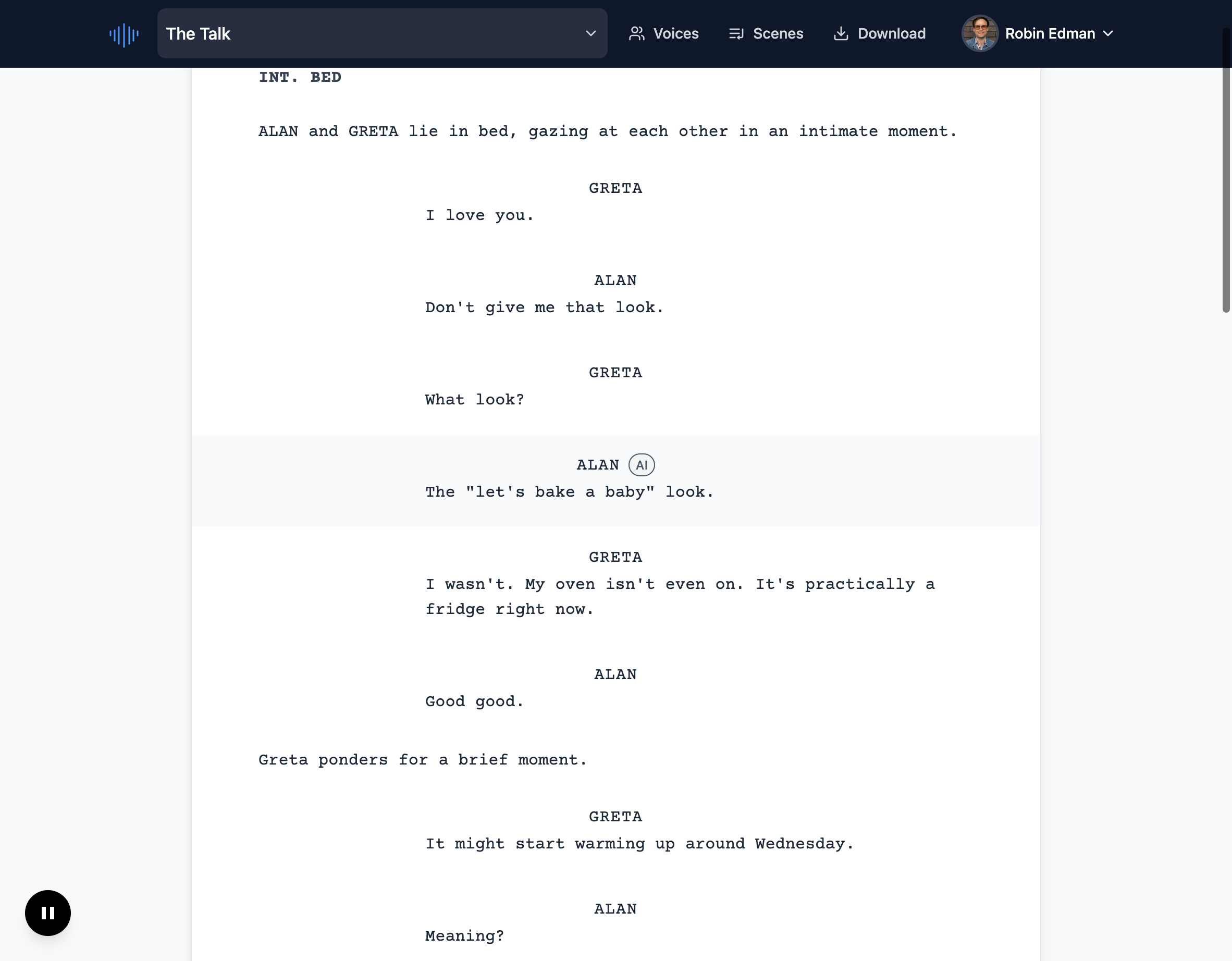 Table Read Studio interface showing script reading with AI voices