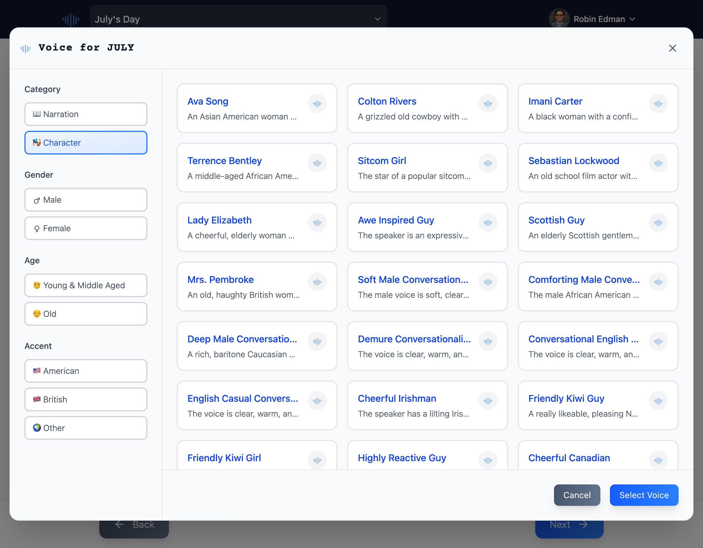 Voice selection interface for choosing AI voices